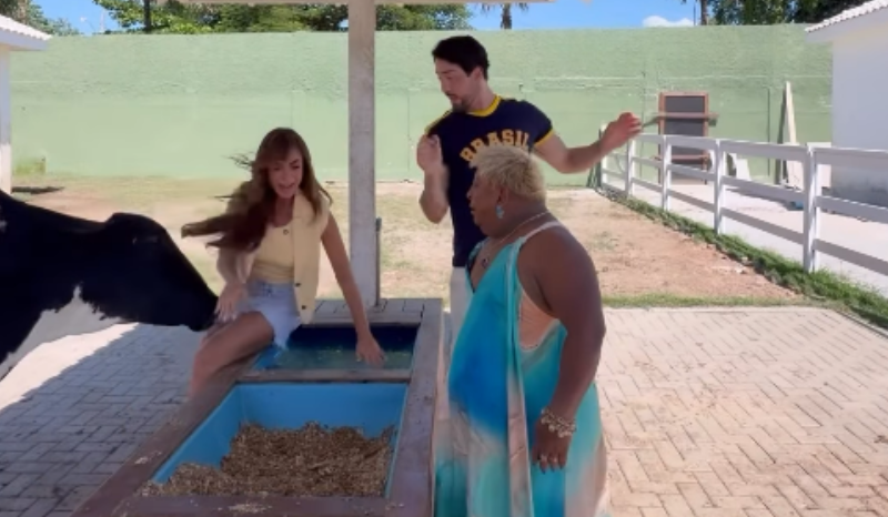 Nicole Bahls leva cabeçada de vaca e cai em bebedouro durante visita de amigos