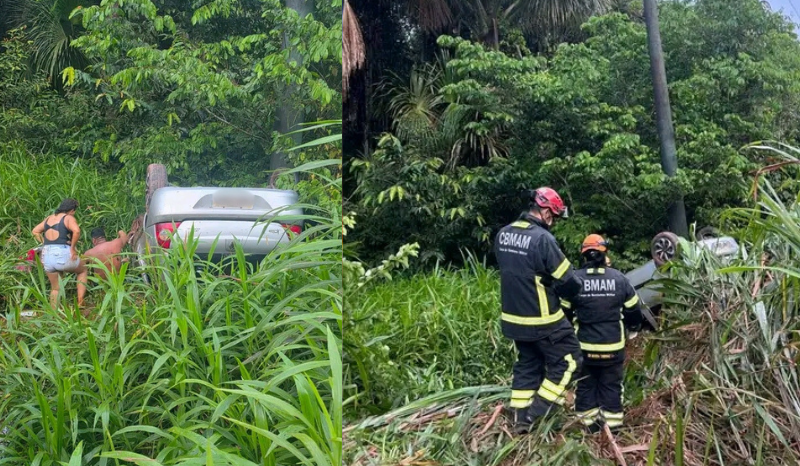 Acidente na BR-174: Carro capota após cair em buraco e colidir com poste