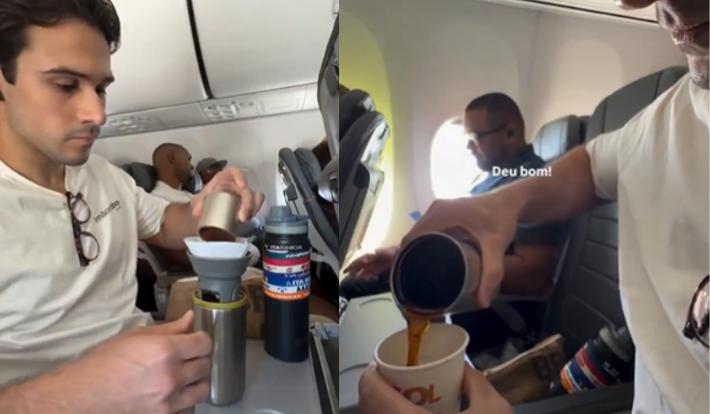 Passageiro prepara café com moedor portátil durante voo