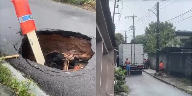 Caminhão colide com poste ao desviar de buraco em Manaus e gera confusão