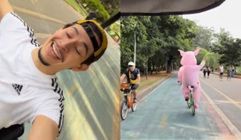 Artista de rua dança toada do Boi Garantido no Parque Ibirapuera