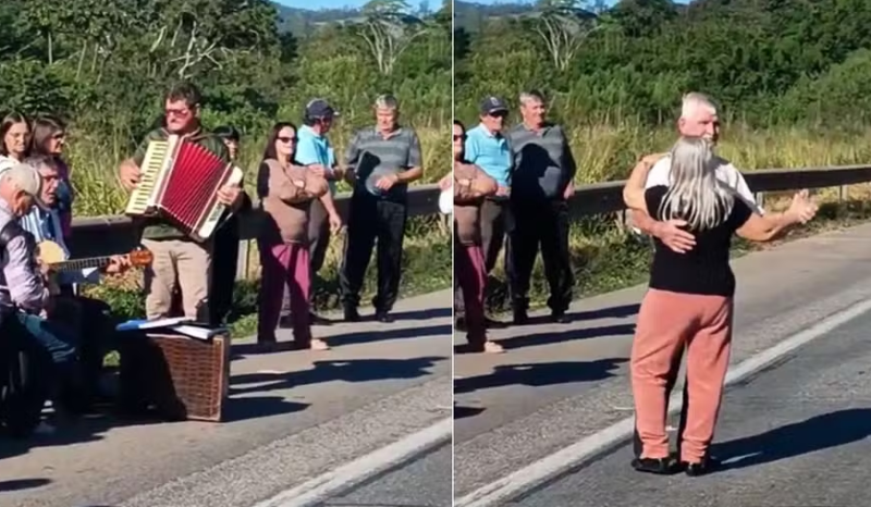 Idosos dançam em congestionamento na Rodovia Fernão Dias em Minas Gerais