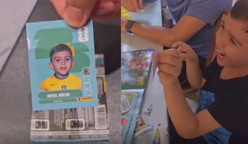 Madrinha presenteia afilhado com figurinha personalizada da Copa 2026