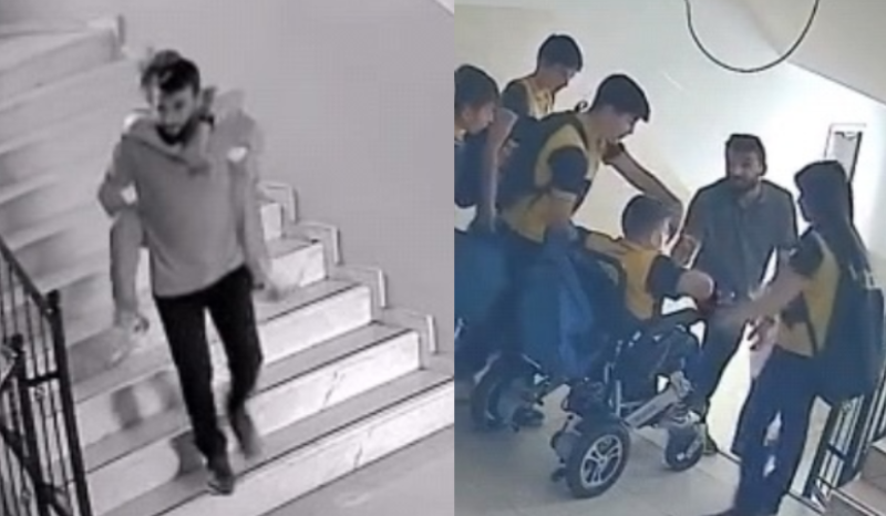 Vice-diretor carrega aluno cadeirante devido a elevador quebrado na Turquia