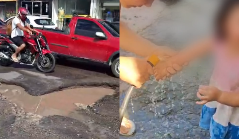 Casal se acidenta de moto em rua esburacada na zona norte de Manaus