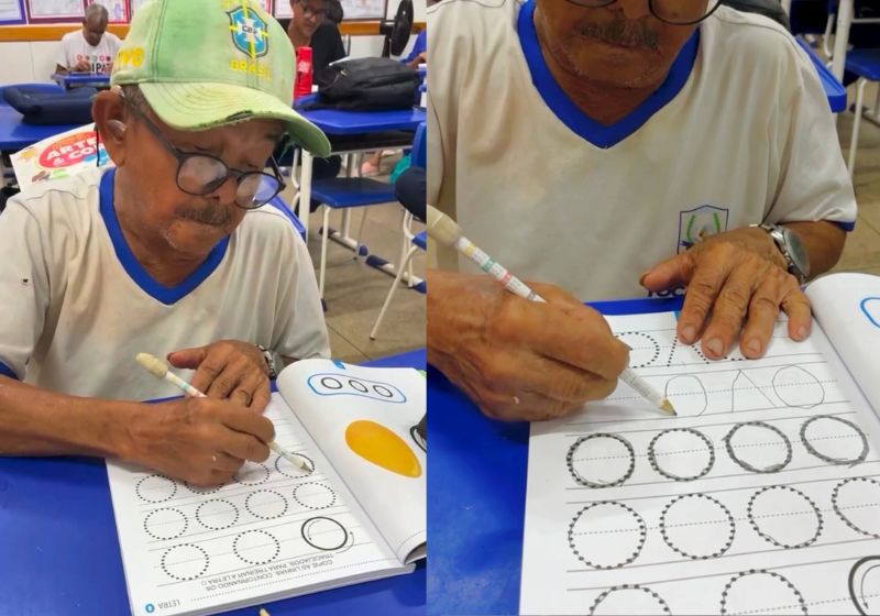 Aluno da EJA aprende a escrever a palavra ovo em Colinas do Tocantins