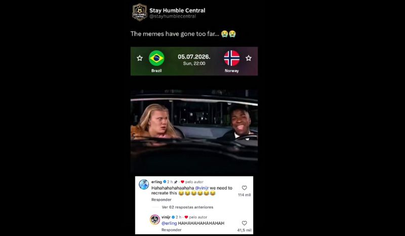 Haaland faz sucesso nas redes ao convocar Vini Jr. para recriar meme