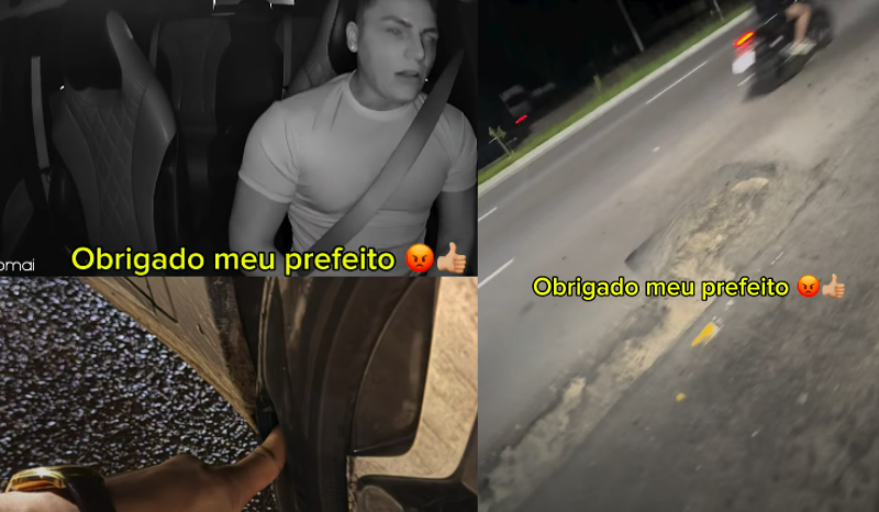Motorista registra pneu furado após cair em buraco na Avenida do Turismo