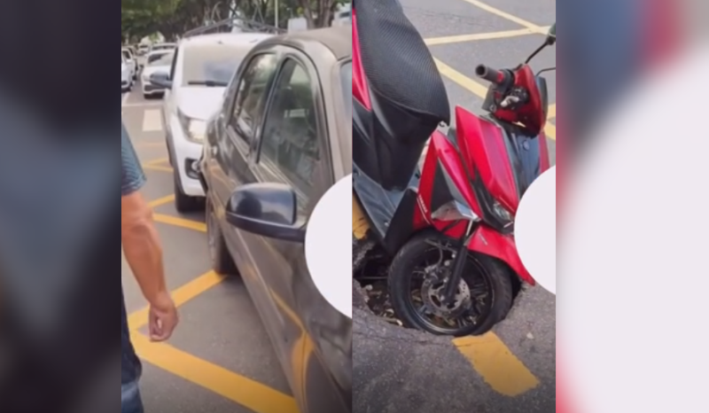 Buraco em avenida de Manaus causa acidente com moto e carros