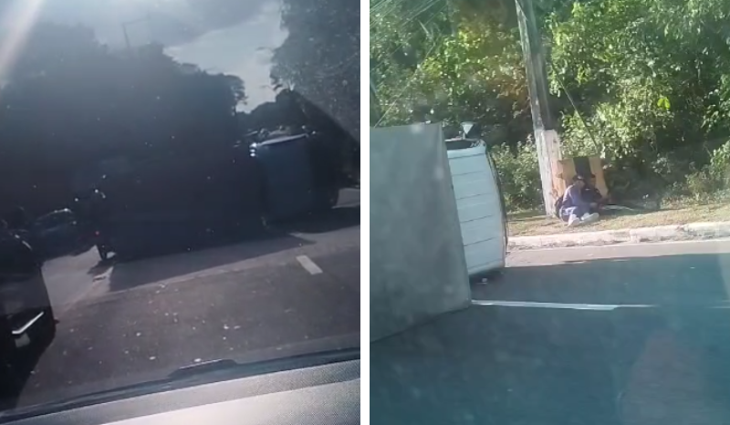 Caminhão tomba em acidente e provoca interdição na Avenida Santos Dumont