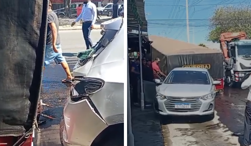Parte traseira de carreta se desprende e atinge carro na Avenida Itaúba