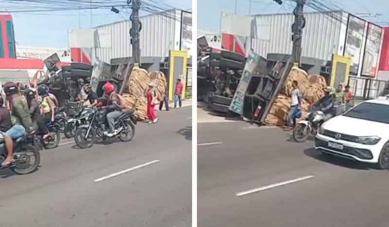 Carreta tomba na Avenida Grande Circular em Manaus; motorista não se fere