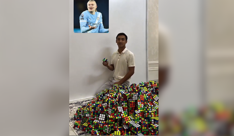 Jovem do Uzbequistão cria mosaico gigante de Haaland com cubos mágicos