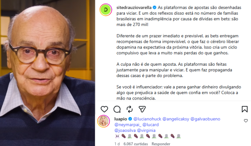 Luana Piovani critica famosos por publicidade de apostas em post de Drauzio Varella