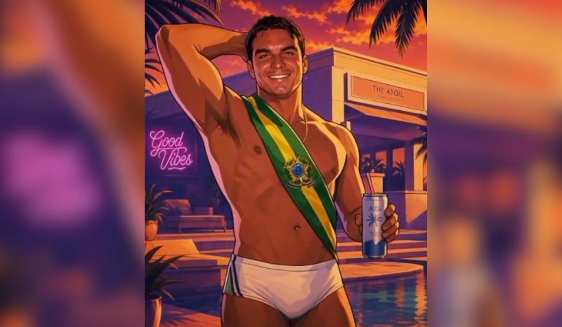 Flávio Bolsonaro viraliza com vídeo de IA em sunga branca e faixa presidencial
