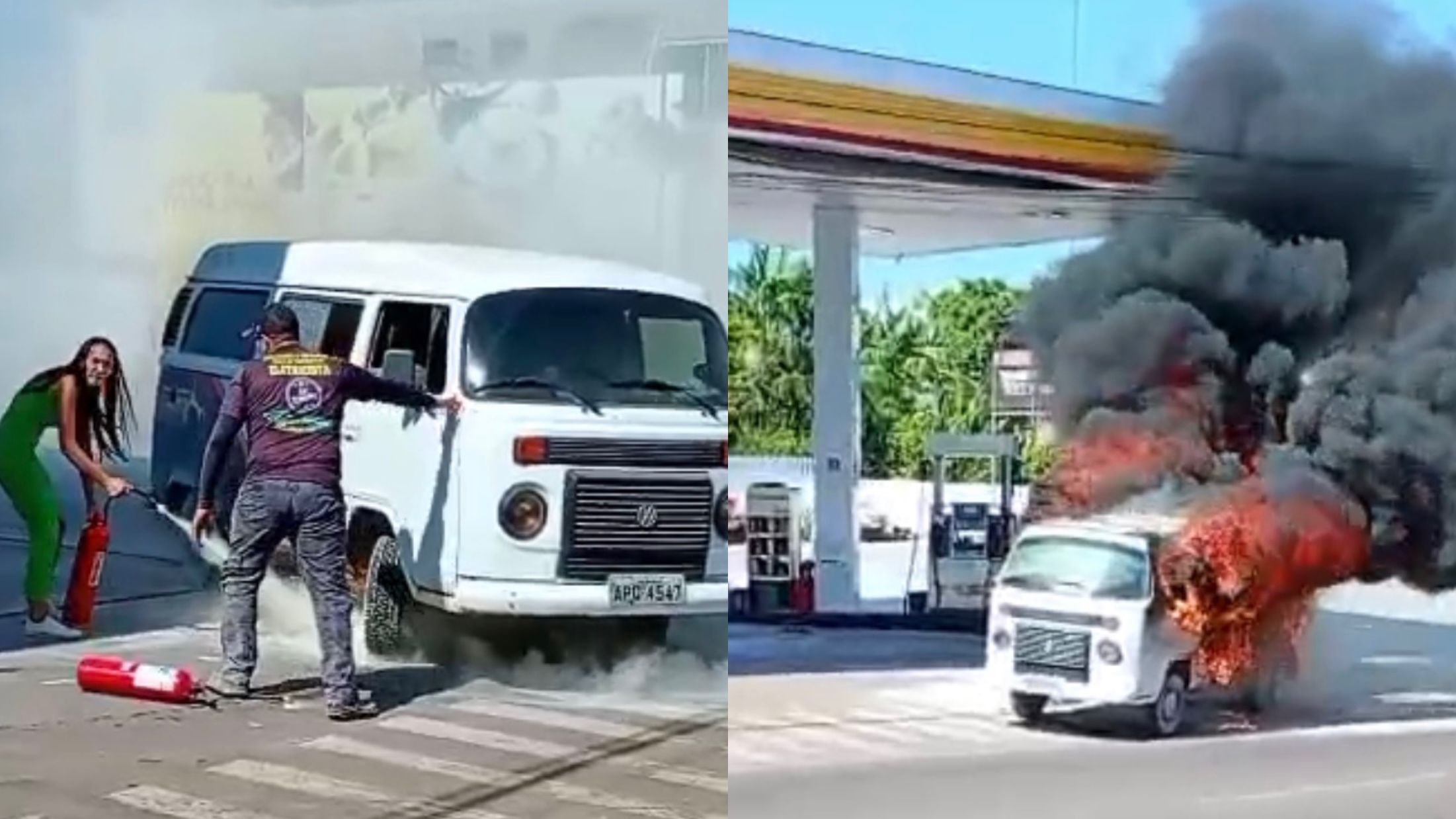 Kombi pega fogo em posto de combustíveis em Iranduba; não há feridos