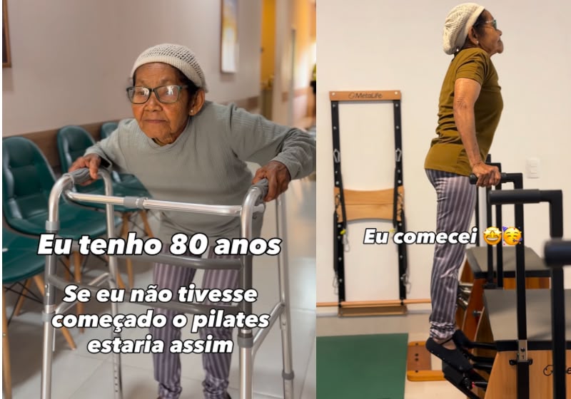 Dona Nita, aos 80 anos, surpreende com suas habilidades no pilates