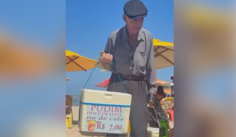 Idoso viraliza ao vender pudins na praia para custear exames médicos