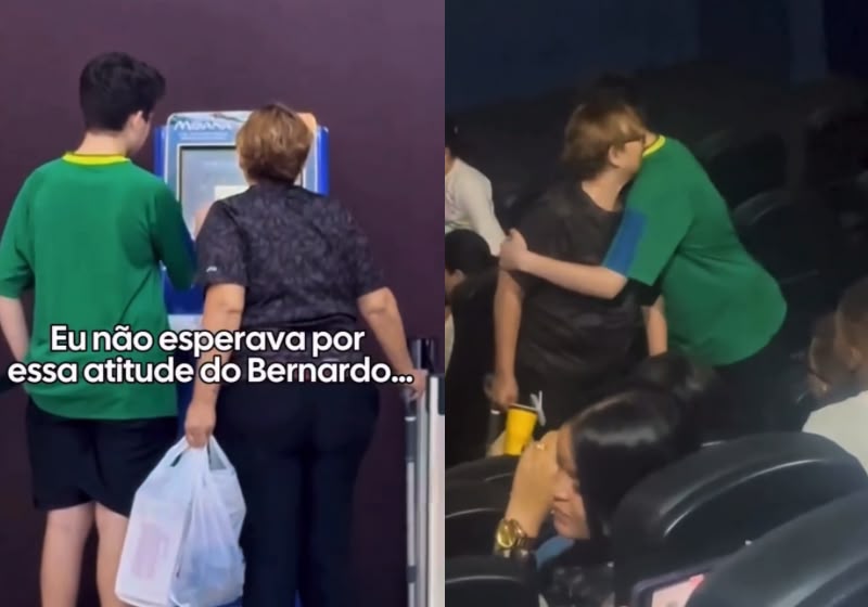 Menino emociona mulher sozinha no cinema ao presenteá-la no aniversário