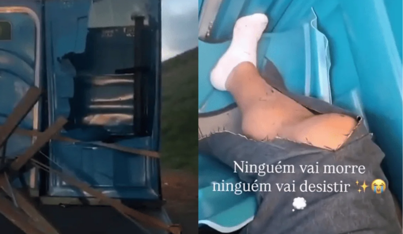Motociclista sobrevive a acidente inusitado e cai em banheiro químico
