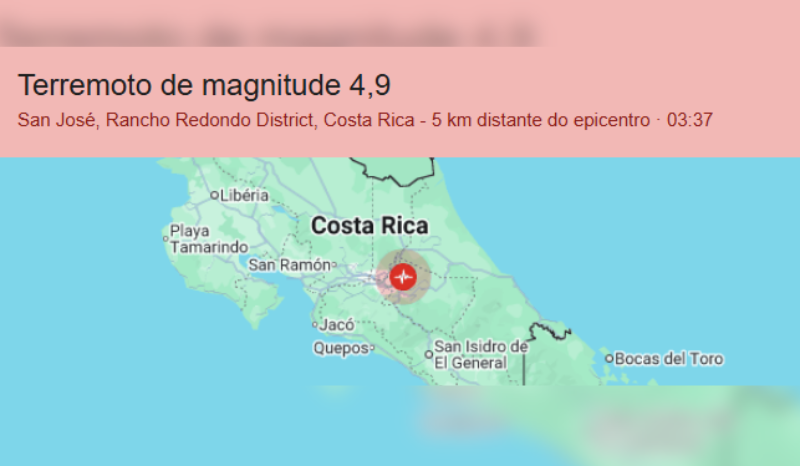 Terremoto de 5,4 graus abala Costa Rica, mas não há vítimas