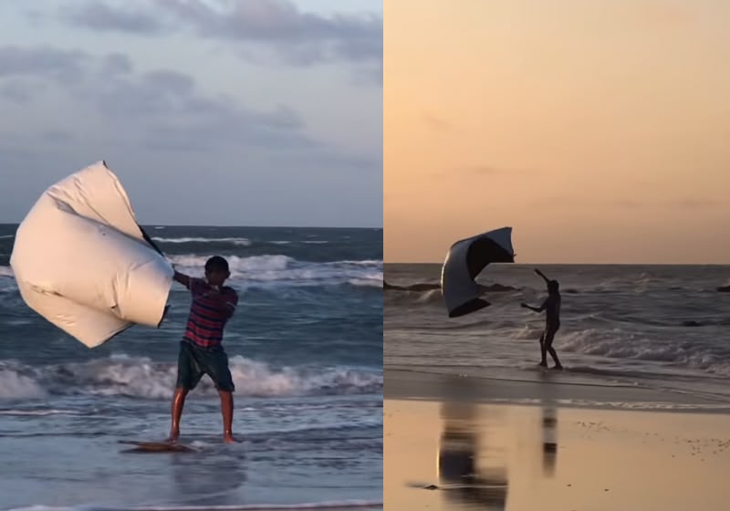 Criança encanta ao improvisar kitesurf na praia de Curimãs, Ceará