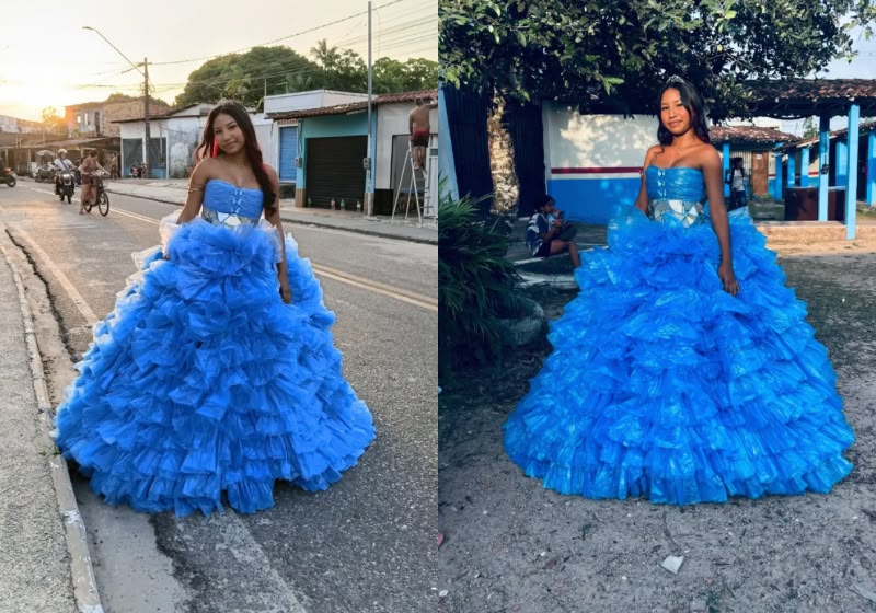 Estudante brilha em desfile com vestido feito de 800 sacolas plásticas