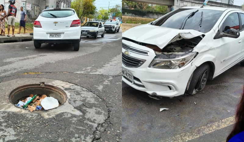 Carro colide em mureta após passar por bueiro sem tampa na avenida Manaus 2000