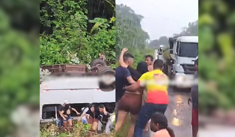 Ônibus capota e cai em ribanceira na BR-174 em Presidente Figueiredo