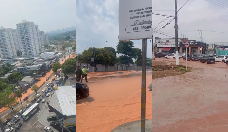 Rompimento de adutora provoca alagamento em ruas da zona oeste de Manaus