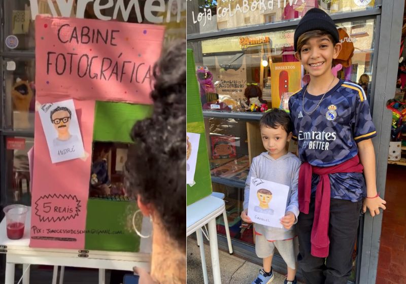 Menino de 10 anos cria cabine fotográfica de papelão para desenhar retratos