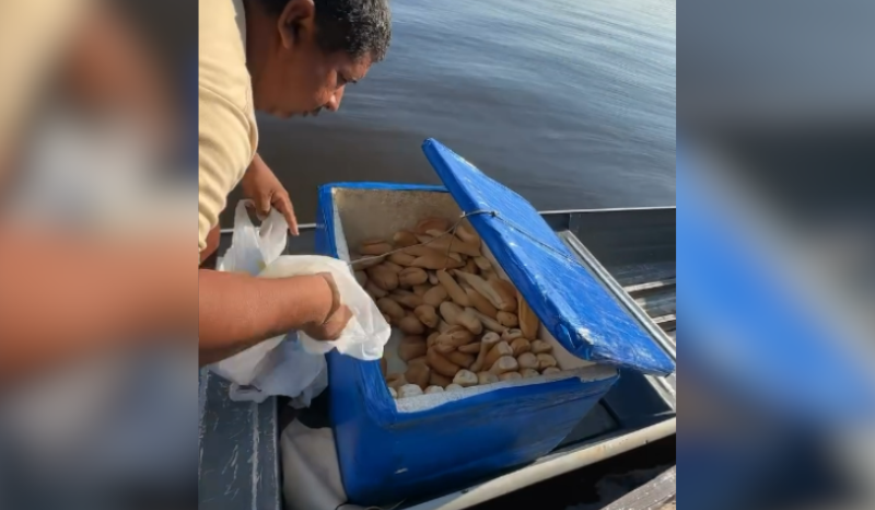 Homem vende pães quentinhos em canoa no interior do Amazonas