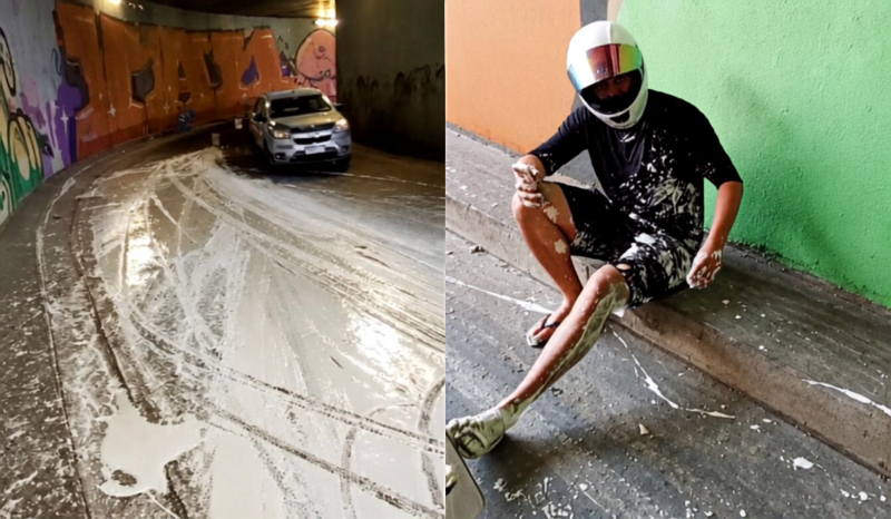 Acidente em Manaus: motociclista derrapa em tinta na pista de viaduto
