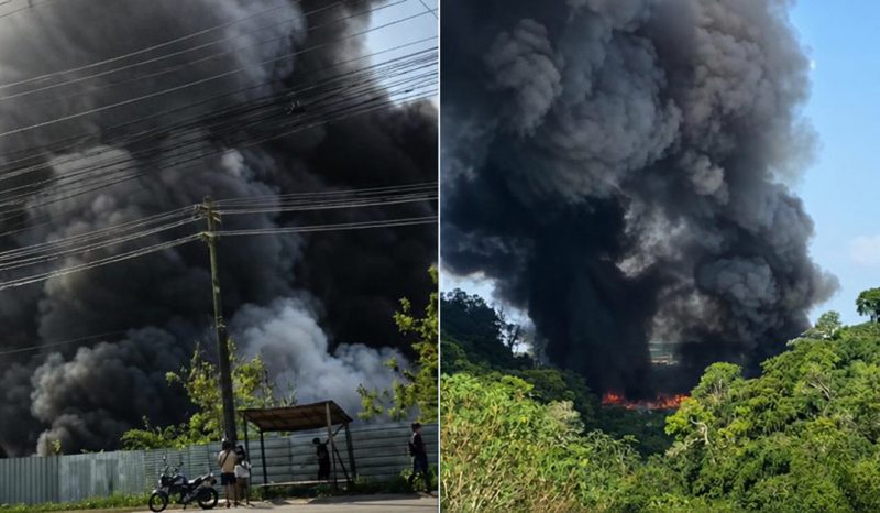 Incêndio provoca denso rastro de fumaça próximo ao Distrito Industrial 2 em Manaus