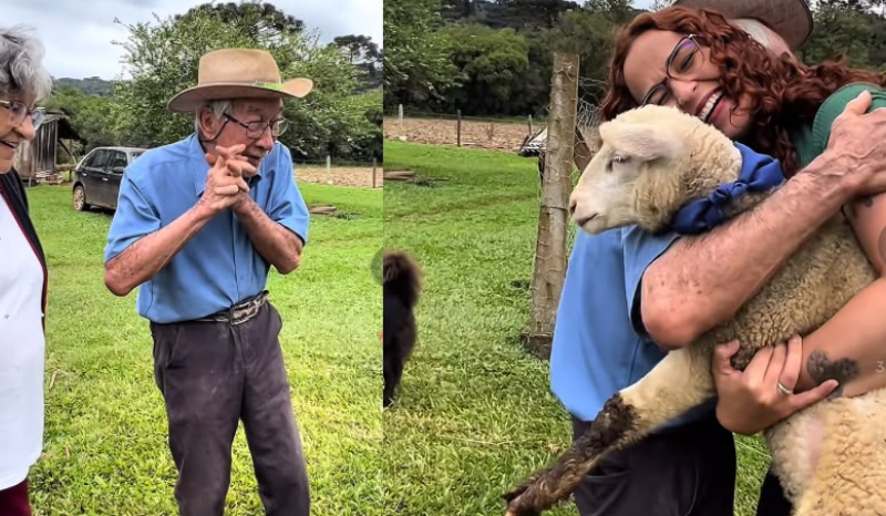 Avô de 93 anos se emociona ao ganhar carneiros de presente de aniversário