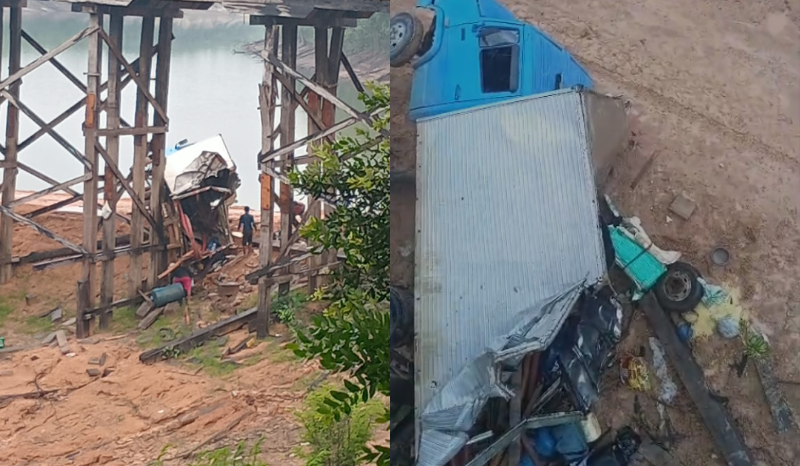 Caminhão cai de ponte de 20 metros na AM-174; felizmente, sem mortes