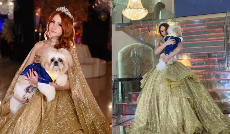 Joana Abella escolhe cachorro como príncipe na festa de 15 anos no Rio