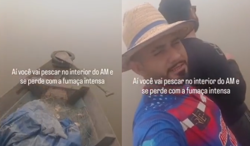 Vídeo mostra pescadores enfrentando baixa visibilidade por fumaça no rio Manacapuru, AM