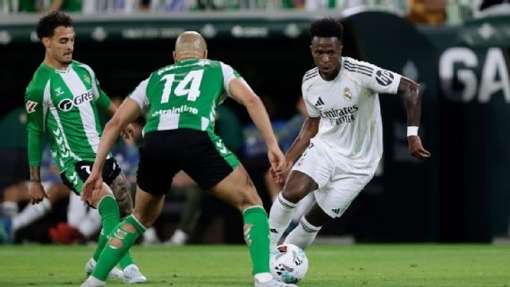 Real Madrid empata com Betis após gol de Vini Jr e vê distância para Barcelona crescer