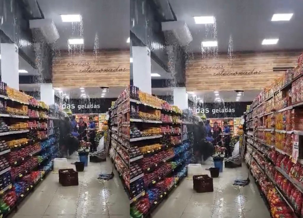 Chuva forte faz água cair do teto em supermercado na zona Leste de Manaus