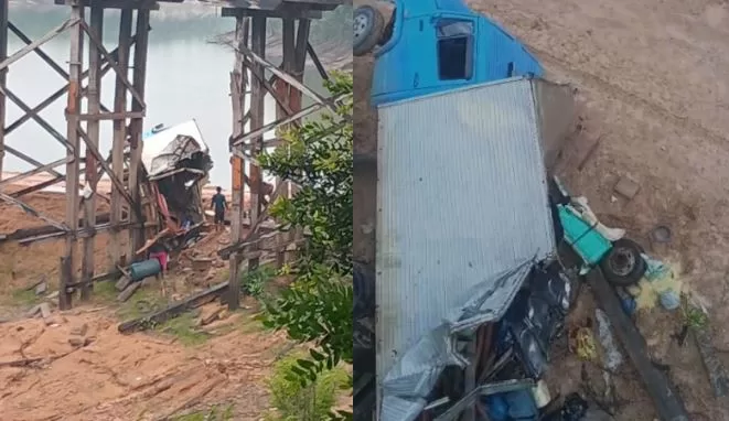 Caminhão-baú cai de ponte sobre rio Aracu na rodovia AM-174 no Amazonas