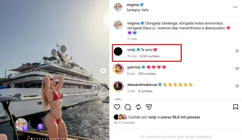 Vinícius Júnior comenta 'te amo' em post de Virginia após festa na Itália