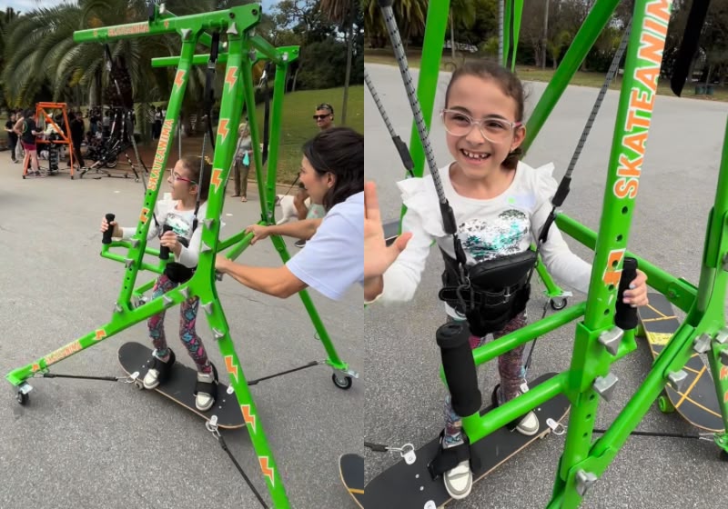 Menina com deficiência experimenta skate adaptado e se diverte em SP