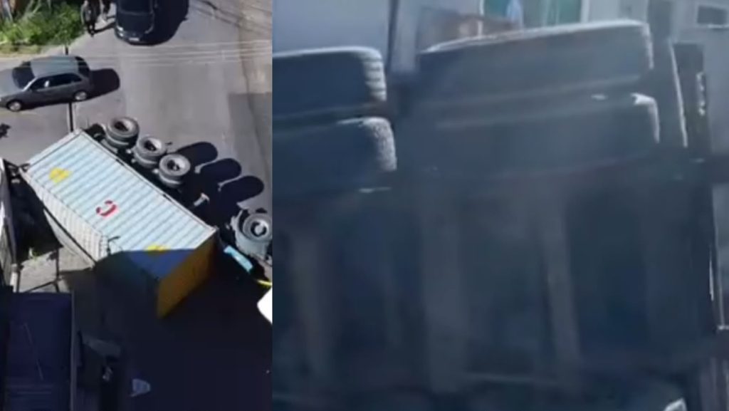 Carreta tomba e interdita trânsito no Monte das Oliveiras em Manaus